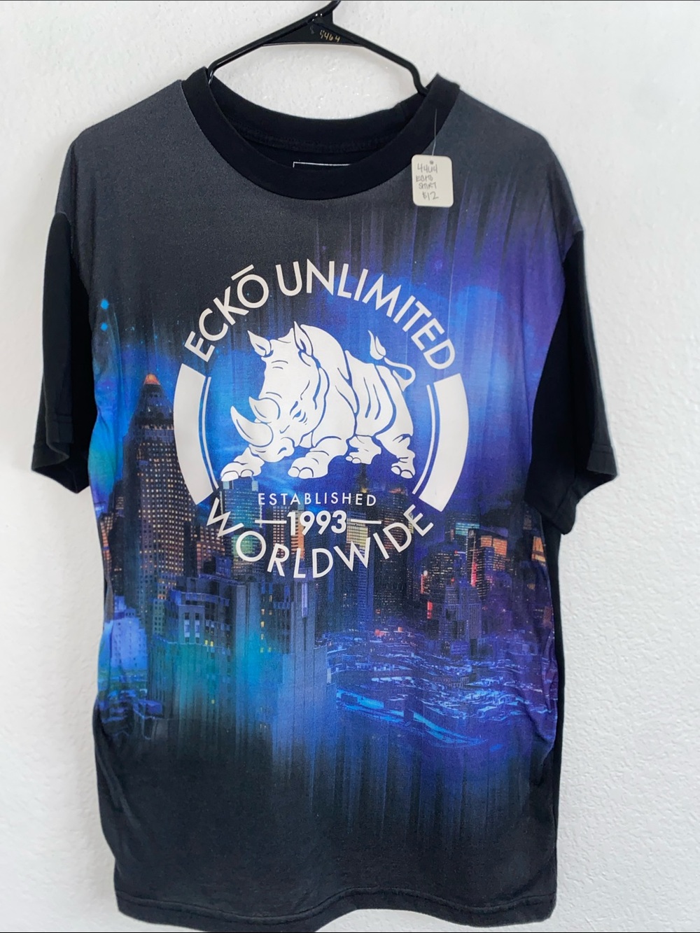 Ecko Unlimited Black Tee with Blue & Purple Cityscape